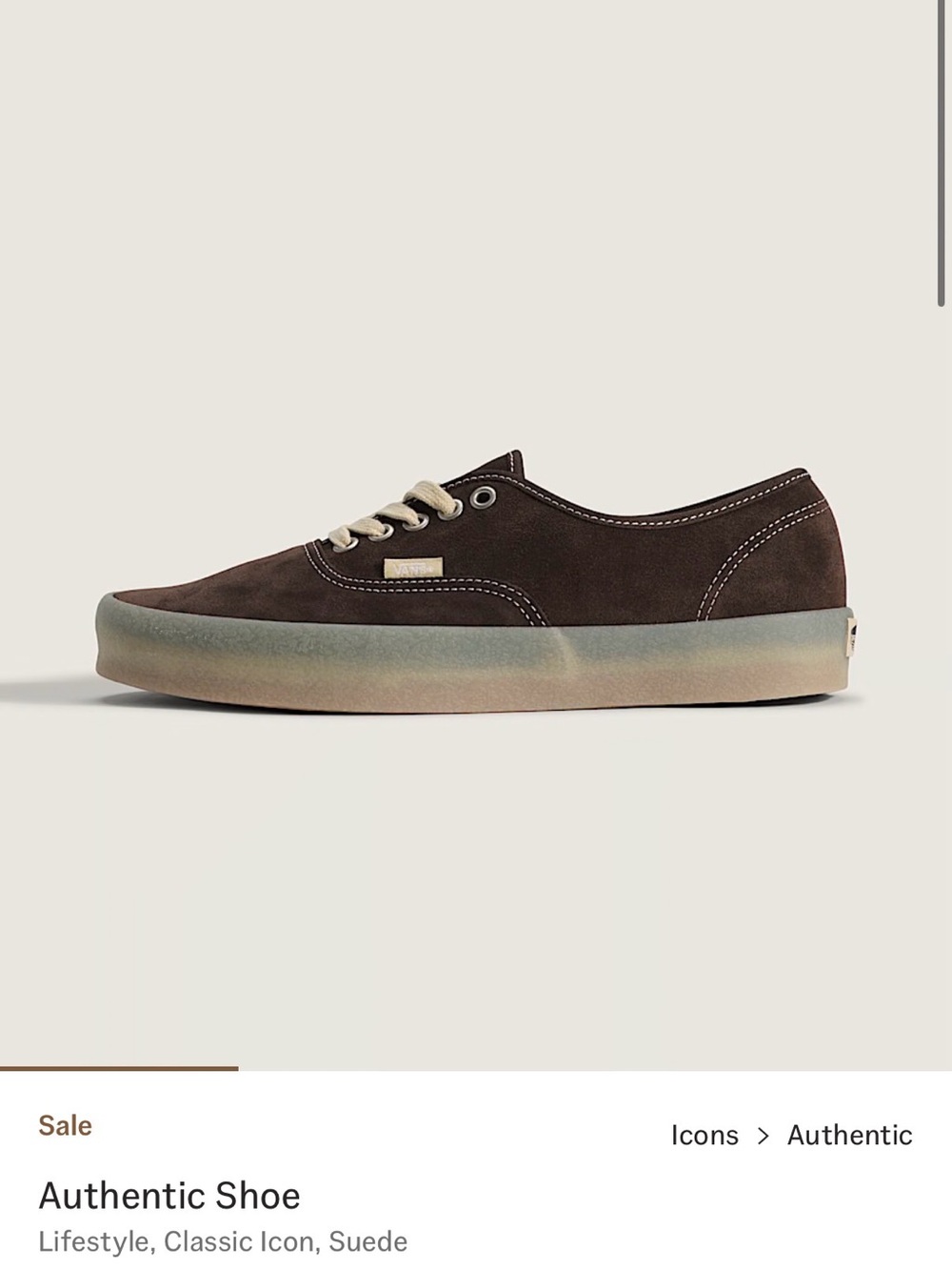 NWOB: Vans Authentic Suede Sneaker - Dark Brown with Cream Laces, sz 6.5m/8w
